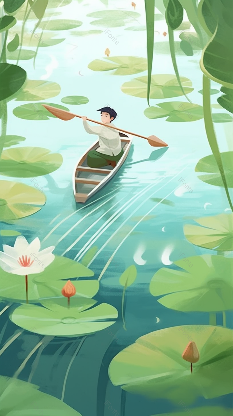 一位划船玩耍小朋友在绿色池塘里,插画/手绘图,插画/手绘图库,插画/手绘图下载,插画/手绘